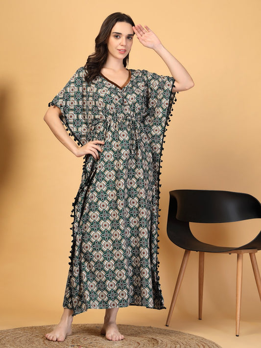 Green Floral Cotton Blend Kaftan Maxi Nightdress