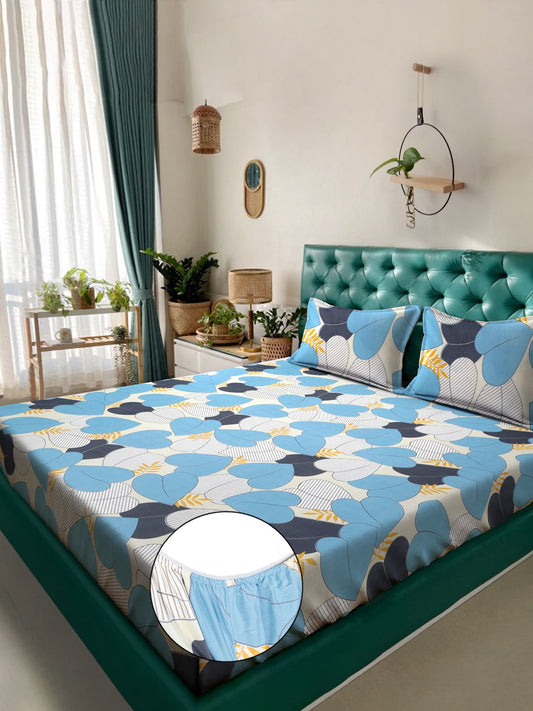 Book Fold Blue Floral 300 TC Cotton Blend Fitted Double Bedsheet with 2 Pillow Covers