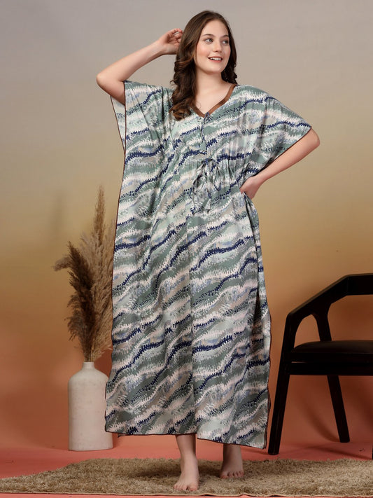 Green Abstract Cotton Blend Kaftan Maxi Nightdress