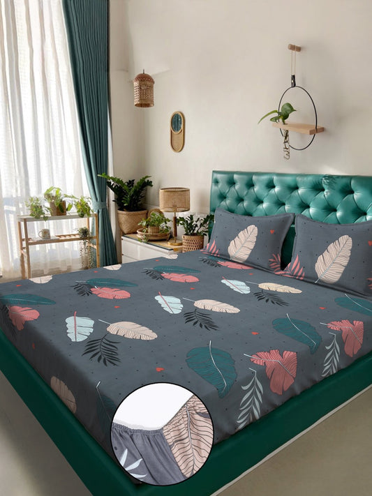 Grey Floral 300 TC Cotton Blend Fitted Double Bedsheet in Book Fold Packing