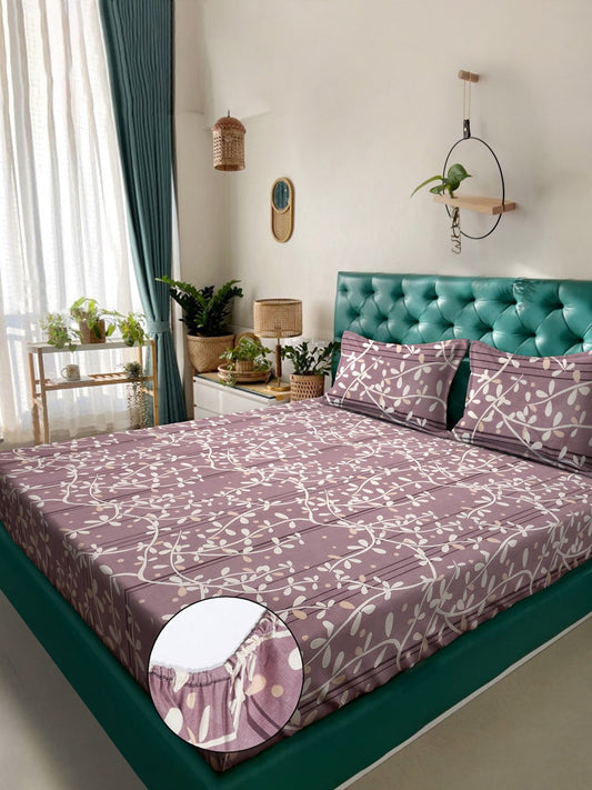 Purple Floral 300 TC Cotton Blend Fitted Double Bedsheet in Book Fold Packing