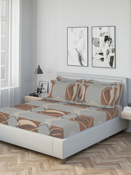 Multi Geometric 300 TC Cotton Blend Fitted Double Bedsheet with 4 Pillow Covers