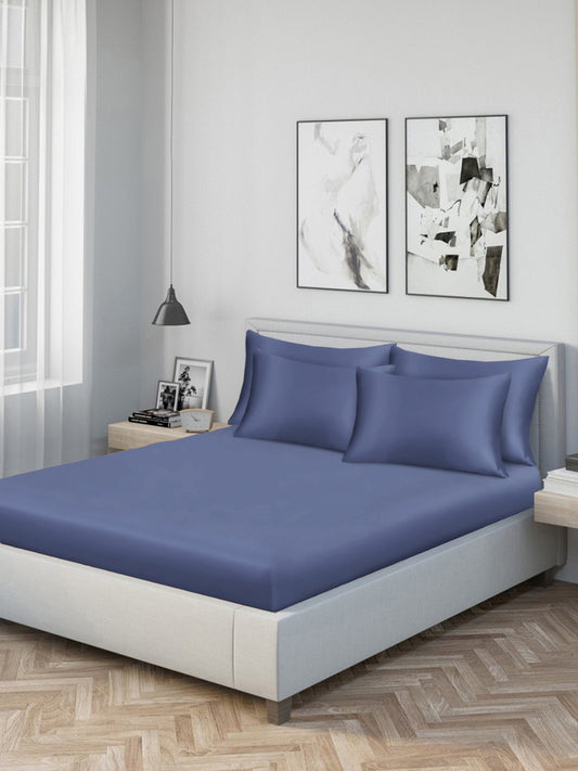 Blue Solid 300 TC Cotton Blend Double Bedsheet with 4 Pillow Covers