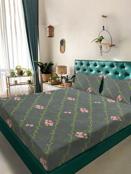 Grey Floral 300 TC Cotton Blend Double Bedsheet with 2 Pillow Covers