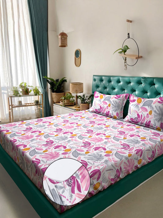 Multi Floral 300 TC Cotton Blend Fitted Double Bedsheet with 2 Pillow Covers