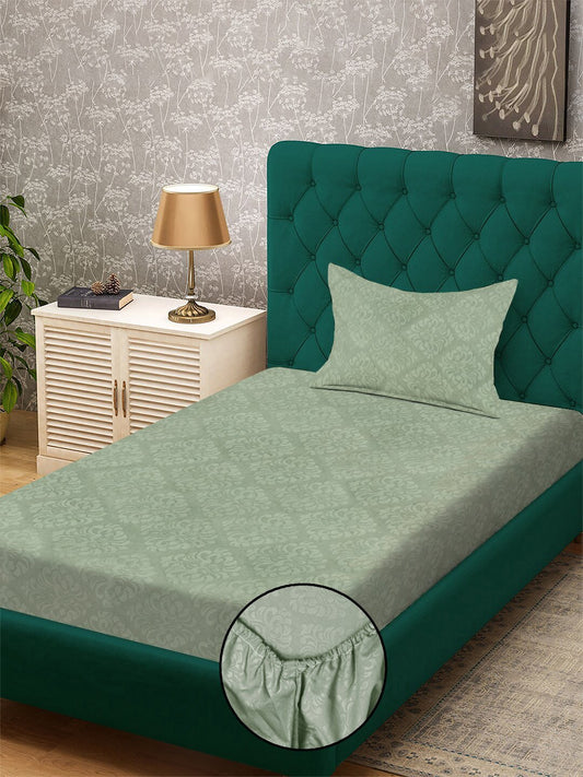 Green Floral Embossed Cotton Blend Fitted Fitted Single Bedsheet with Pillow Cover