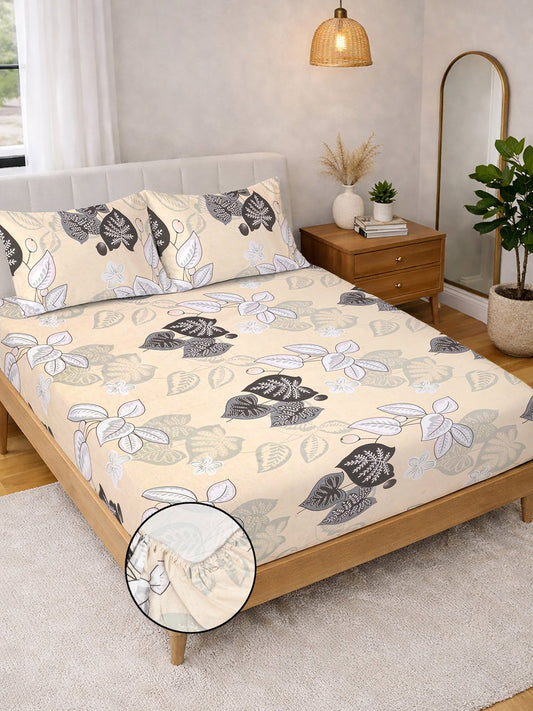 Beige Floral Fitted Fitted Cotton Blend Double Bedsheet with 2 Pillow Covers