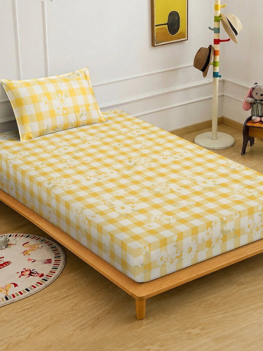 Yellow Floral Cotton Blend Single Bedsheet with Pillow Cover