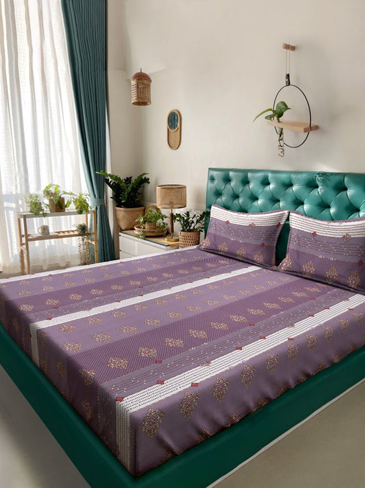 Purple Geometric 300 TC Cotton Blend Double Bedsheet in Book Fold Packing