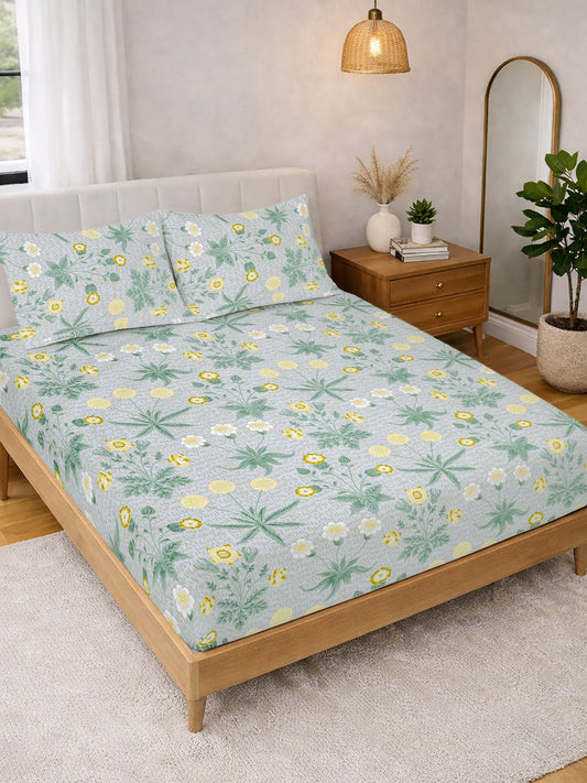 Green Floral Cotton Blend Double Bedsheet with 2 Pillow Covers