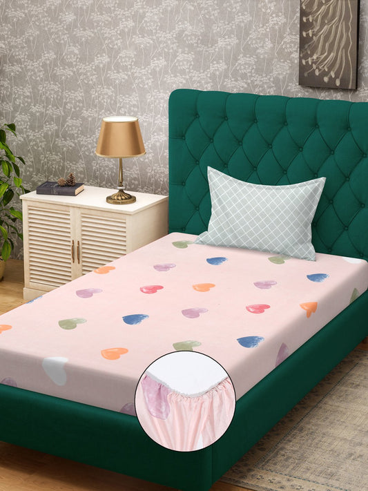 Pink Abstract 300 TC Cotton Blend Fitted Single Bedsheet Set in Book Fold Packing