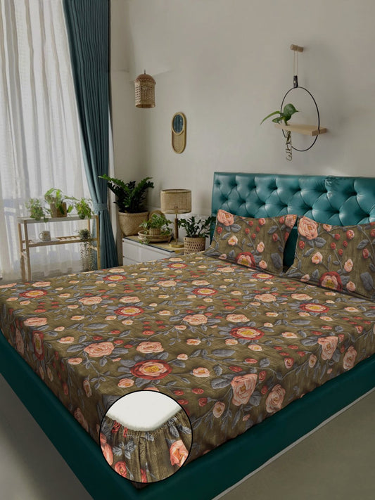 Olive Floral 7D King Size Cotton Blend Fitted Double Bedsheet with 2 Pillow Covers