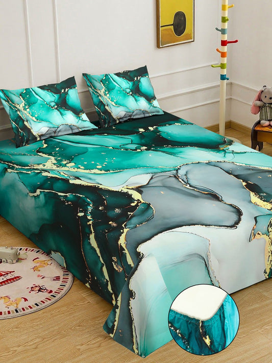 Green Digital Abstract Printed Cotton Blend Fitted Double Bedsheet with 2 Pillow Covers