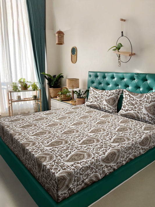 Book Fold Begie Floral 300 TC Cotton Blend Double Bedsheet with 2 Pillow Covers