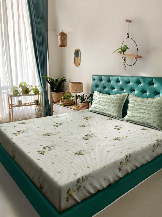 Green Floral 400 TC Pure Cotton Double Bedsheet with 2 Pillow Covers