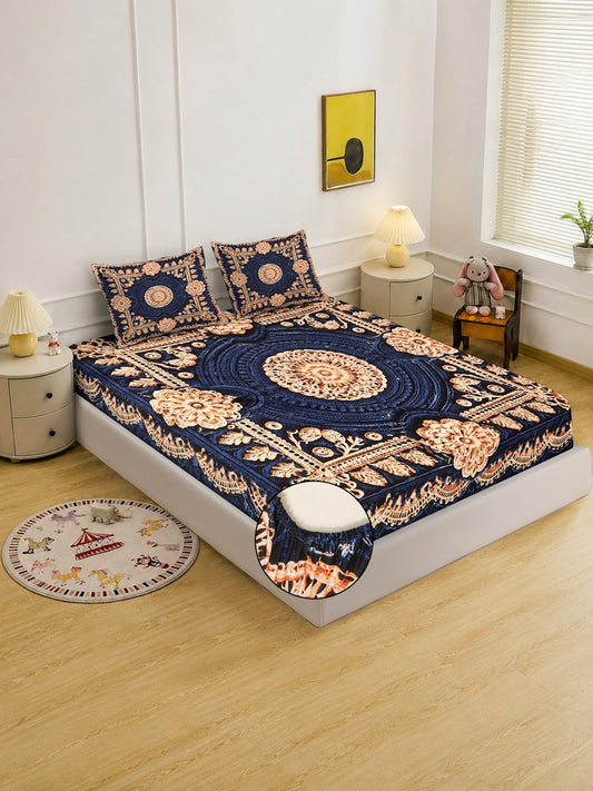 Digital Printed Blue Floral Cotton Blend Fitted Double Bedsheet with 2 Pillow Covers