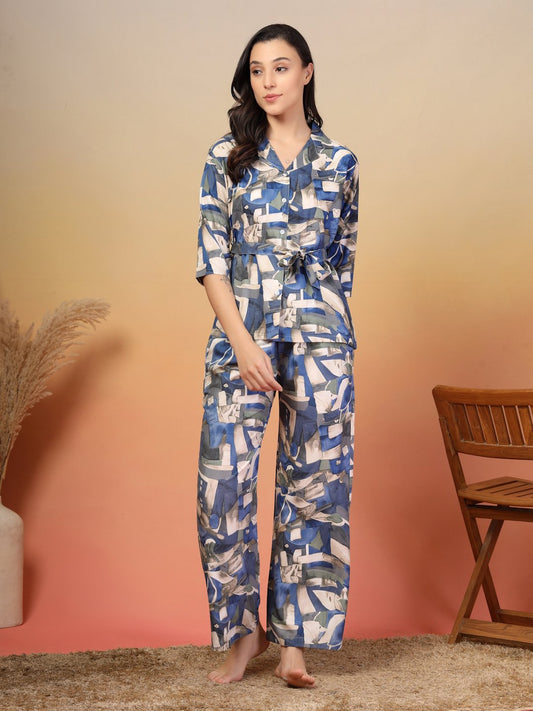 Women Blue Abstract Cotton Blend Night Suit with Robe