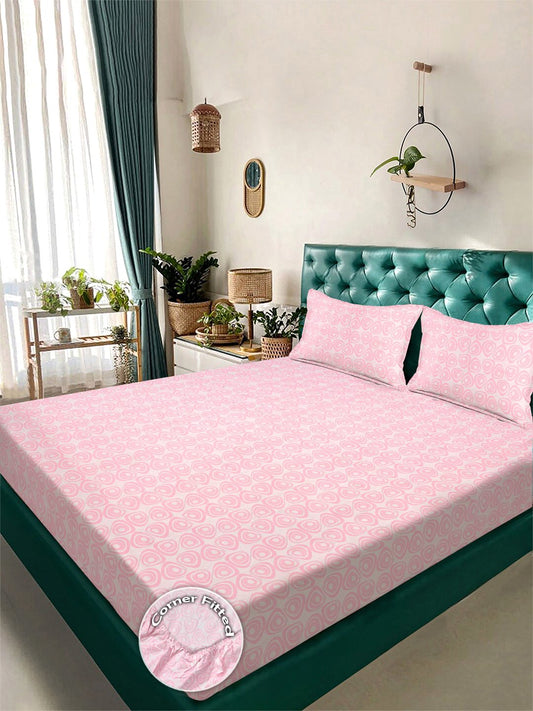 Pink Abstract 300 TC Cotton Blend Fitted Double Bedsheet with 2 Pillow Covers