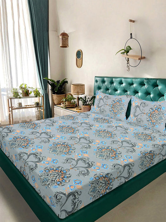 Grey Floral 300 TC Cotton Blend Double Bedsheet with 2 Pillow Covers