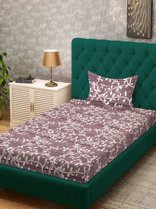 Purple Floral 300 TC Cotton Blend Single Bedsheet with Pillow Cover