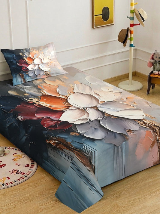 Multi Digital Floral Printed Cotton Blend Single Bedsheet with Pillow Cover