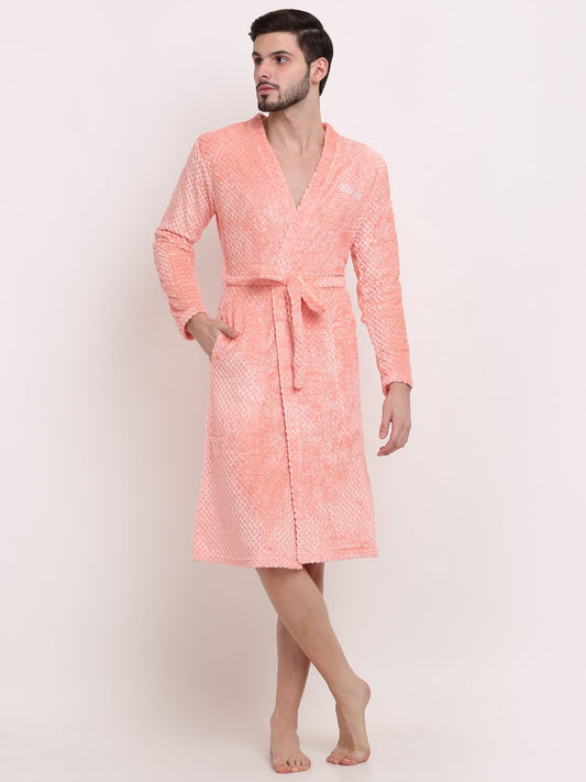 Men Orange Self Design Wool Bath Robe With Belt