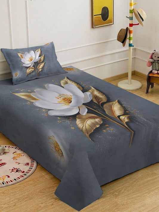 Grey Digital Floral Printed Cotton Blend Single Bedsheet with Pillow Cover