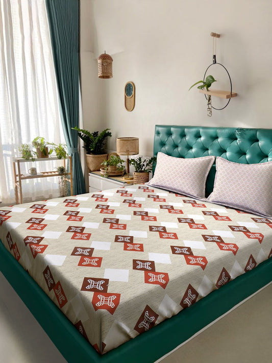 Beige Geometric 400 TC Pure Cotton Double Bedsheet with 2 Pillow Covers
