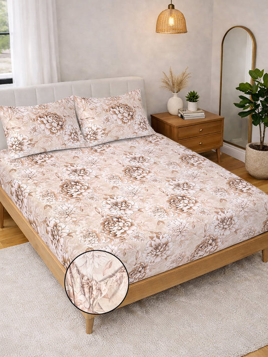 Beige Floral Fitted Fitted Cotton Blend Double Bedsheet with 2 Pillow Covers