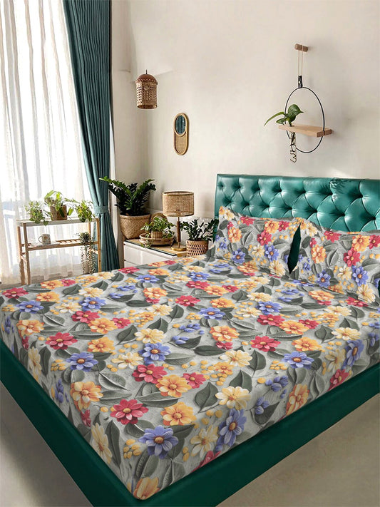 Green Floral 7D King Size Cotton Blend Double Bedsheet with 2 Pillow Covers