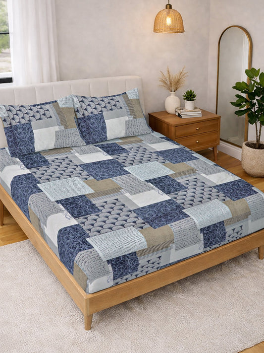 Multi Geometric Cotton Blend Double Bedsheet with 2 Pillow Covers