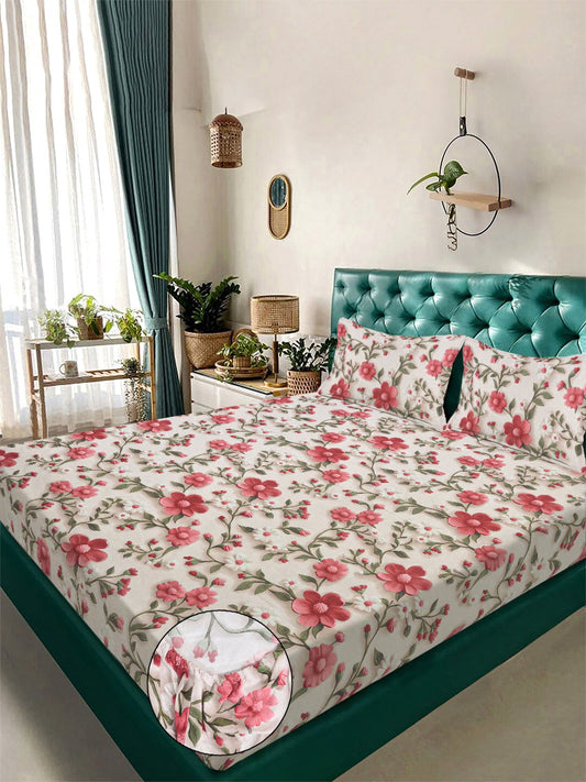 Cream Floral 7D King Size Cotton Blend Fitted Double Bedsheet with 2 Pillow Covers
