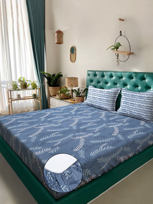 Blue Floral 300 TC Cotton Blend Fitted Double Bedsheet in Book Fold Packing
