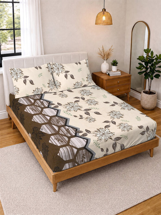 Beige Floral Cotton Blend Double Bedsheet with 2 Pillow Covers