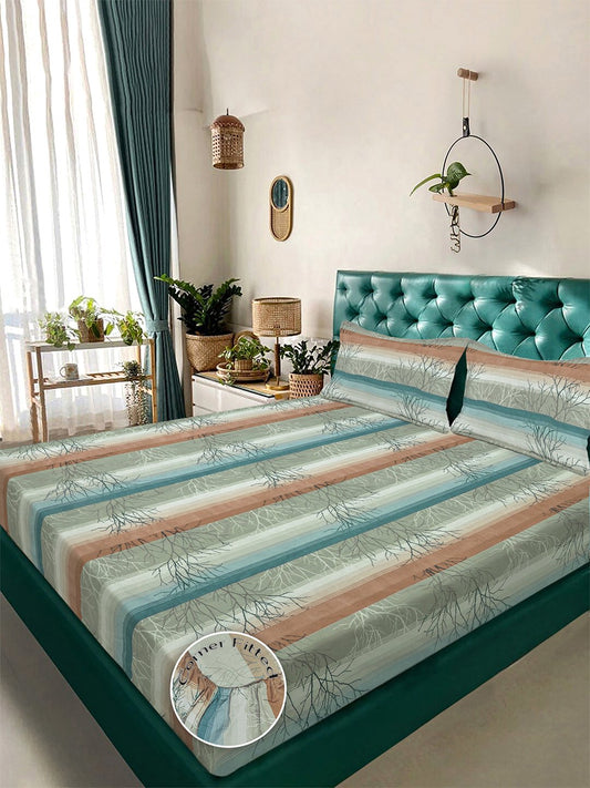 Multi Striped 300 TC Cotton Blend Fitted Double Bedsheet in Book Fold Packing