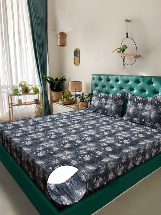 Grey Floral 300 TC Cotton Blend Fitted Double Bedsheet in Book Fold Packing