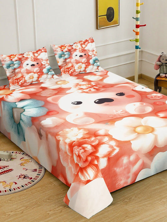 Orange 7D Cartoon Characters Printed Cotton Blend Double Bedsheet with 2 Pillow Covers