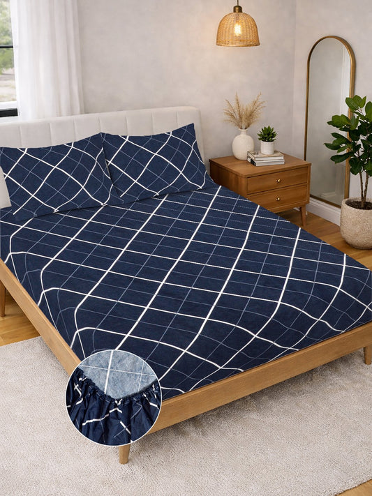 Blue Geometric Cotton Blend Fitted Double Bedsheet with 2 Pillow Covers