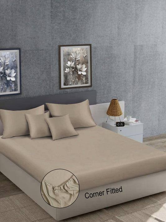 Beige Solid 400 TC Satin Fitted Super King Double Bedsheet with 2 Pillow Covers & 2 Cushion Covers