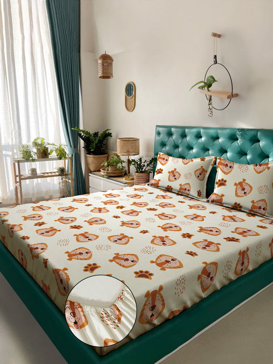 Klotthe Cream Cartoon Characters 400 TC Pure Cotton Fitted Double Bedsheet with 2 Pillow Covers