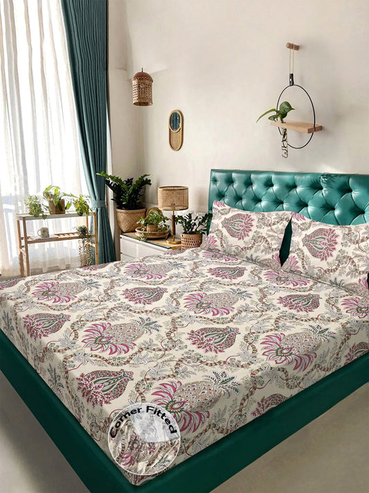 Multi Floral 300 TC Cotton Blend Fitted Double Bedsheet with 2 Pillow Covers