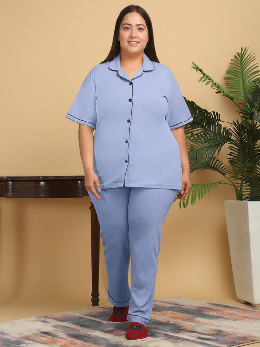 Klotthe Women Sky Blue Solid Cotton Night Suit