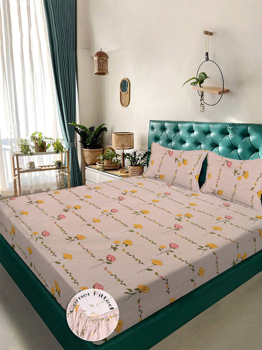 Peach Floral 300 TC Cotton Blend Fitted Double Bedsheet with 2 Pillow Covers