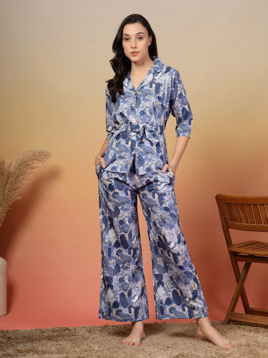 Women Blue Floral Cotton Blend Night Suit with Robe