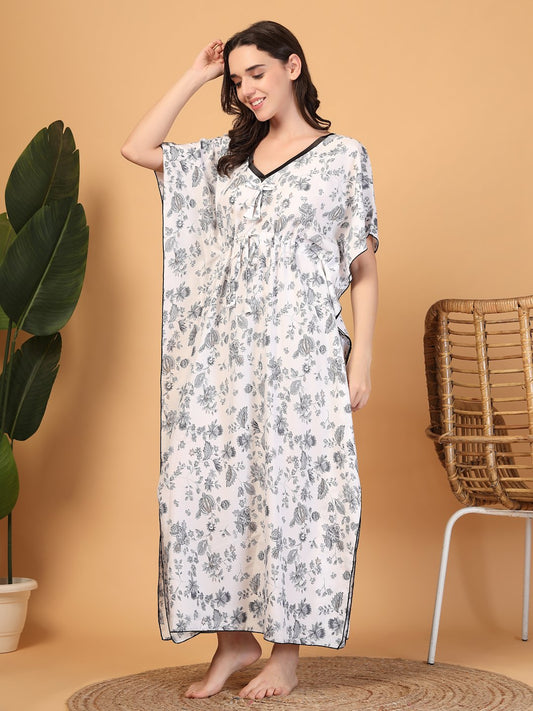 White Floral Cotton Blend Kaftan Maxi Nightdress