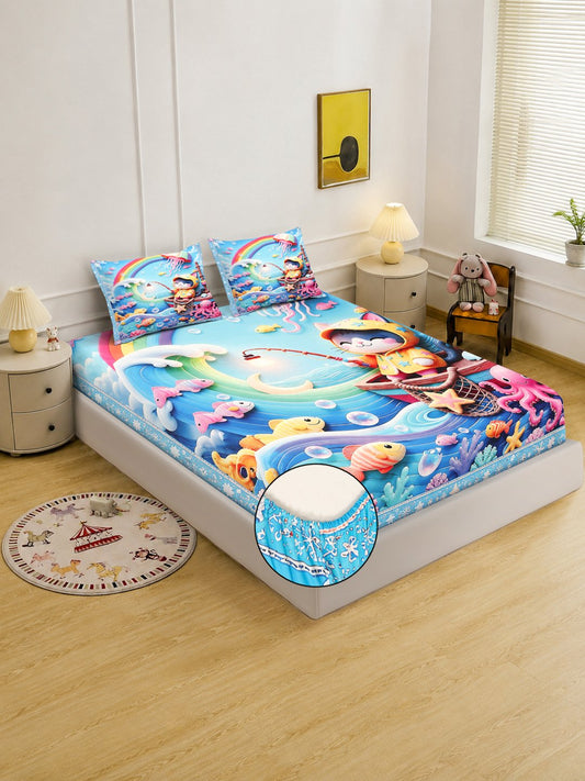 Digital Printed Blue Cartoon Characters Cotton Blend Fitted Double Bedsheet with 2 Pillow Covers