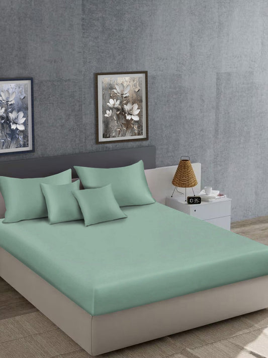 Green Solid 400 TC Satin Super King Double Bedsheet with 2 Pillow Covers & 2 Cushion Covers