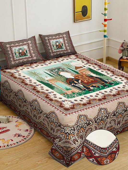 Multi Digital Ethnic Motifs Printed Cotton Blend Fitted Double Bedsheet with 2 Pillow Covers