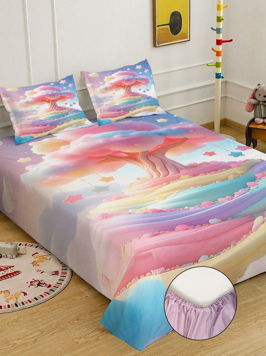 Multi 7D Floral Printed Fitted Cotton Blend Double Bedsheet with 2 Pillow Covers