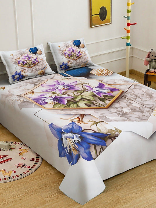 Multi Digital Floral Printed Cotton Blend Double Bedsheet with 2 Pillow Covers